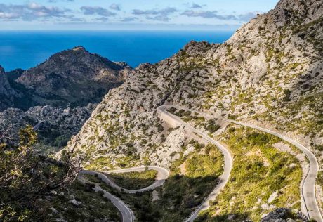 Aerial view of winding mountainside road in Spain