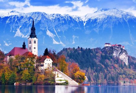 Mountains, cliffs, and church near Bled Lake in Slovenia