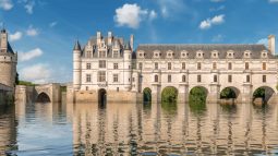 Castle reflected on water in Loire Valley